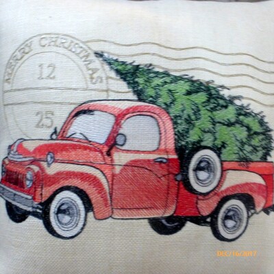 Red Truck pillow cover, Embroidered Truck Christmas pillow cover - image3